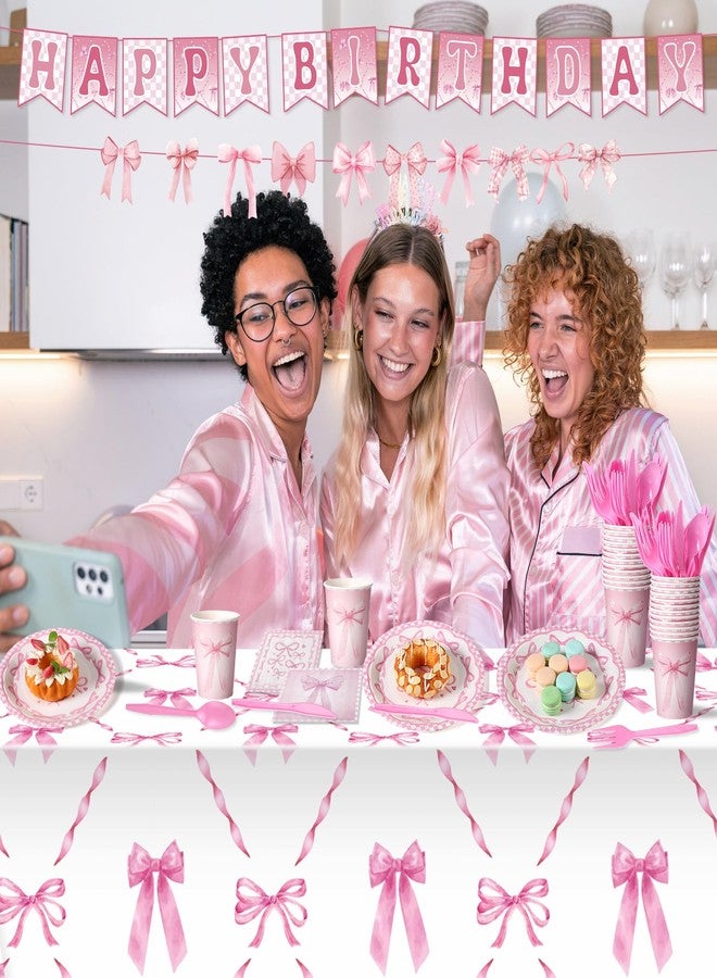 Zhehao 154 Pcs Pink Bow Party Supplies Set, Theme Birthday Party Decorations, Plates, Napkin, Cup, Fork, Knives, Spoon, Tablecloth, Spiral Charms, Banner for Birthday Dec Serves 20 Guest - Image 5